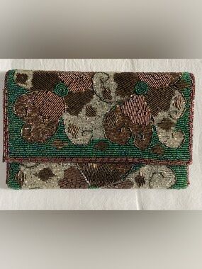 Anthropologie Beaded Floral Foldover Clutch in Green, Brown, Gold